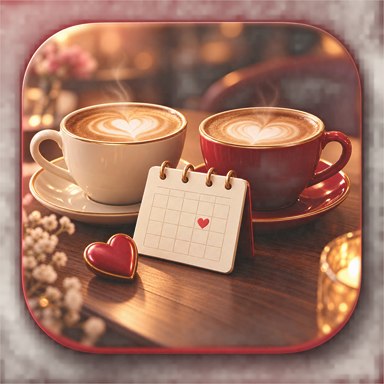 Cheap Dates icon showing two coffee cups, a small calendar, and a heart in a warm cafe setting.