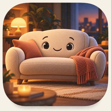 CouchMate icon showing Couchy as a friendly cream-colored couch in a warm room.