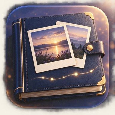 Life Memory icon showing a blue photo album, sunset photographs, and a softly glowing timeline.