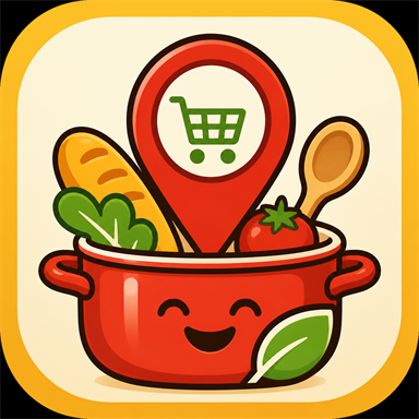 Provisional Pantry Planner icon showing a red cooking pot with groceries and a cart.