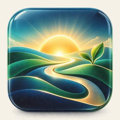Savrivo icon showing a golden path through green and blue hills toward a sunrise and new leaf.