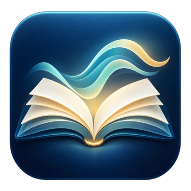 Provisional Whisper Word icon showing an open book beneath flowing speech ribbons.